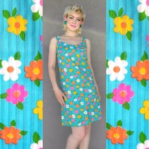 60's Vintage Handmade Kawaii Flower Power Turquoise Mini Dress